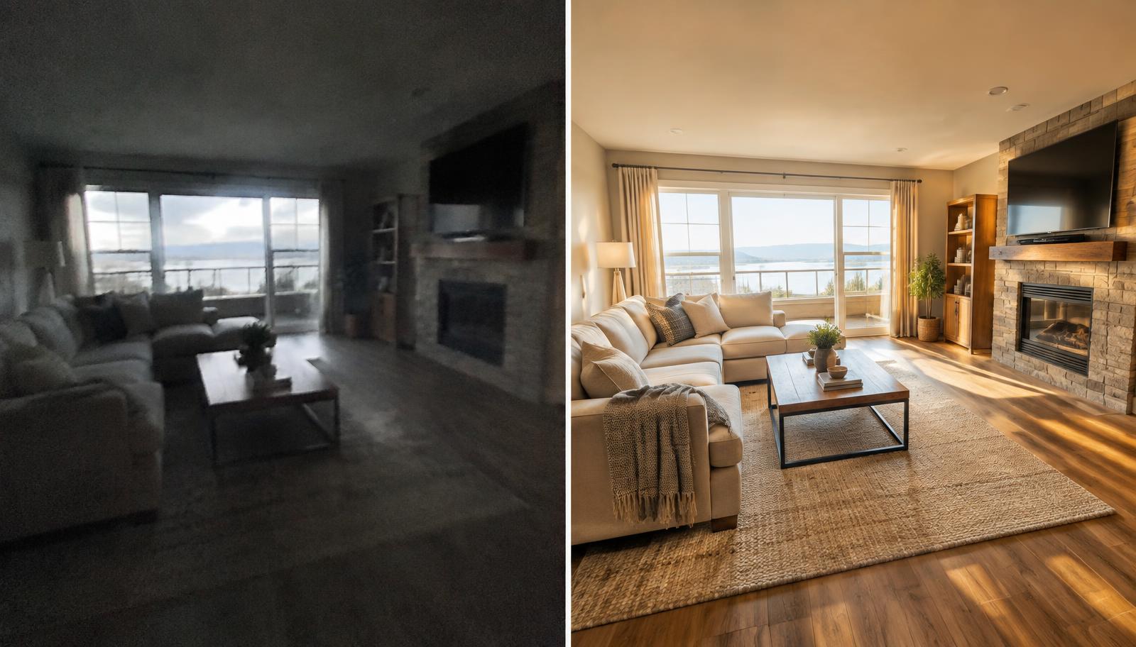 Living room before and after WalkThroughWave editing: a low-quality dark snapshot on the left, a sharp 4K Ultra HD photo on the right