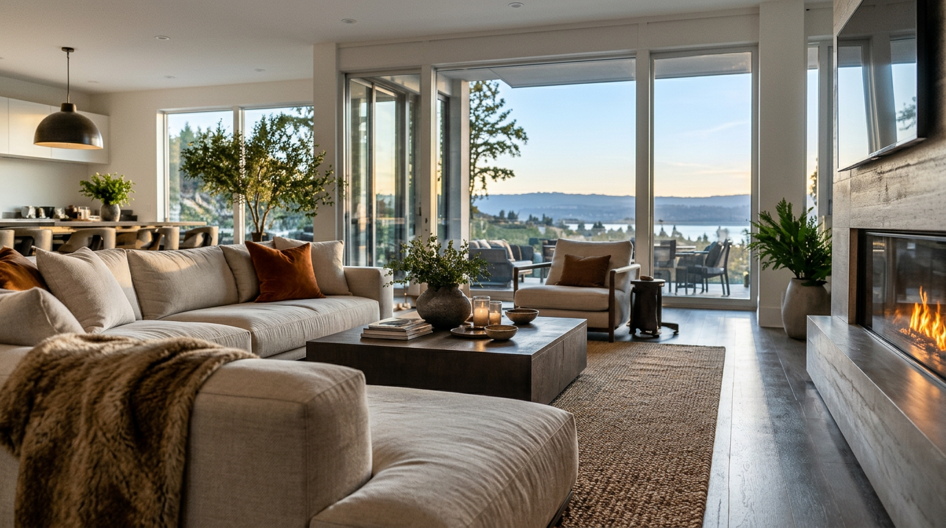 Cinematic interior of a rental home at golden hour
